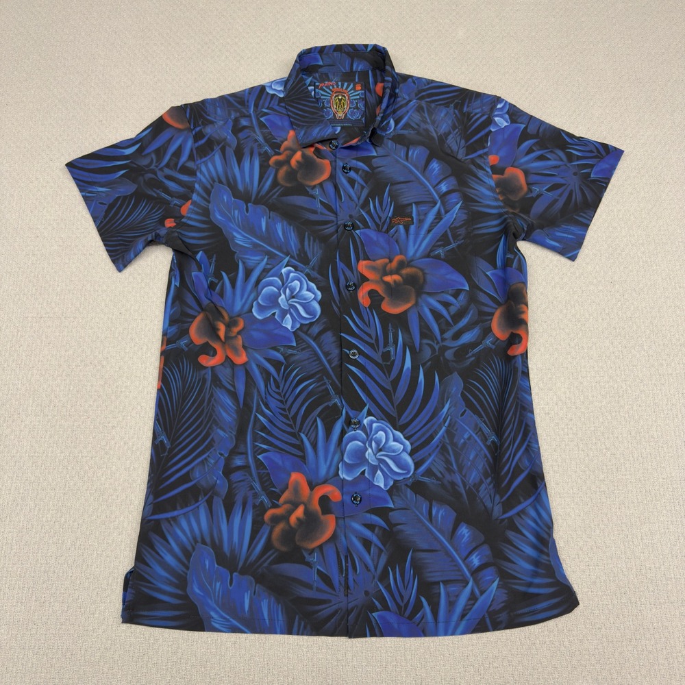 Retro Rifle Shirt Mens Small Blue Tropical Running Man Hawaiian Beach Casual